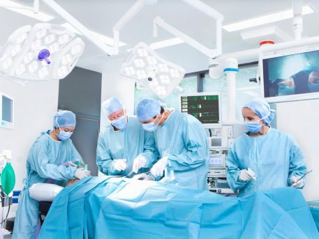 Surgical team performing bariatric surgery in a modern operating theatre