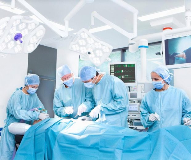 Surgical team performing bariatric surgery in a modern operating theatre